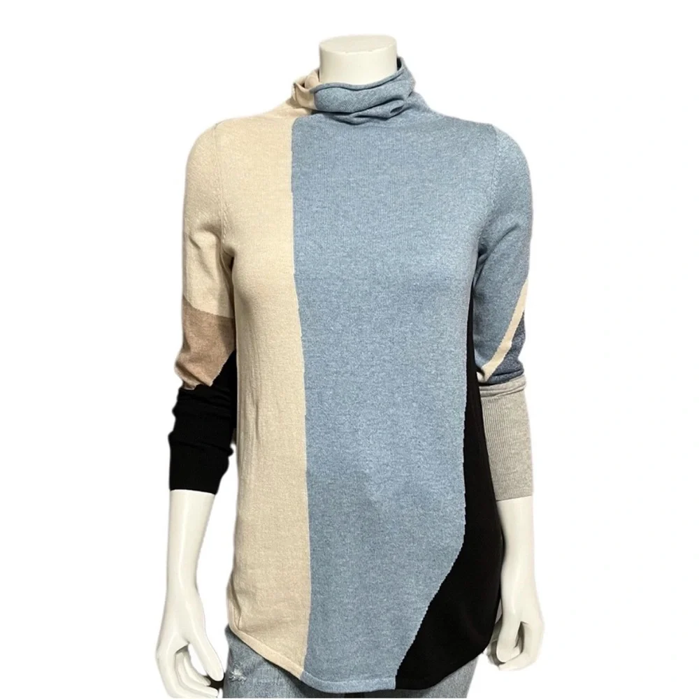 NWOT! Nic & Zoe Color Block Blue Tan Cream Black Lightweight Turtleneck Size XS